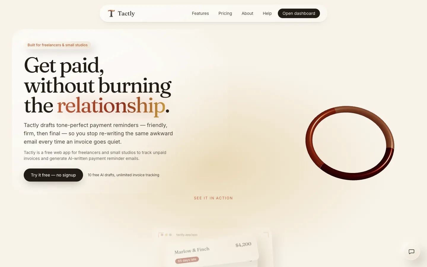Screenshot of the Tactly home page