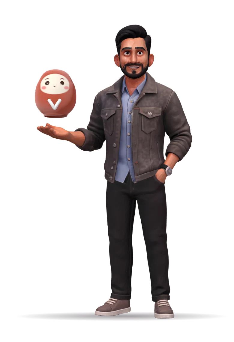 An illustrated person in a denim jacket holding out an open hand, with Vupo, a round red doll with a white V on its belly, floating above it.